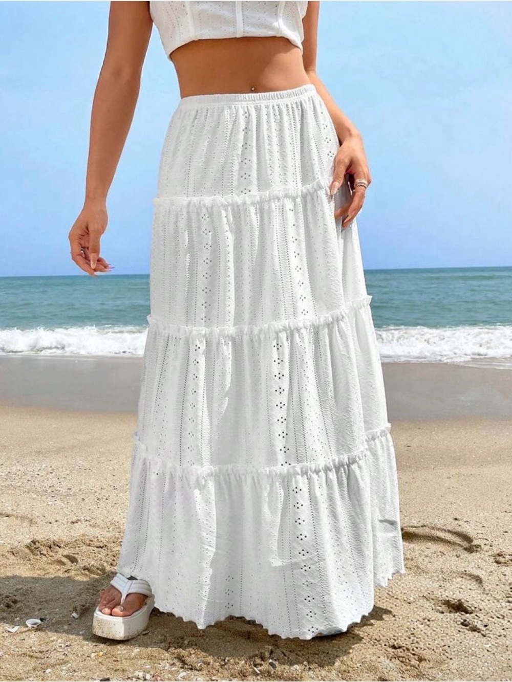 Shein white coquette cottagecore milkmaid tiered lace eyelet maxi skirt size M